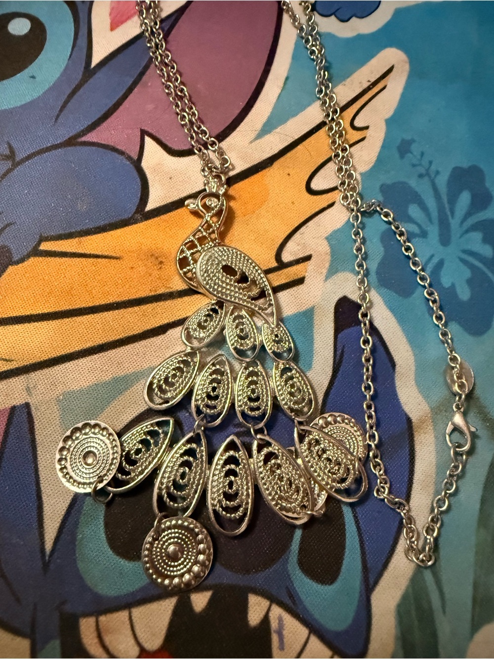 Vintage Claire’s Peacock Necklace 32” Silver Tone Articulated Statement Jewelry